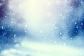 Winter background with falling white snow and soft bokeh lights on blue sky. Generative AI. Royalty Free Stock Photo