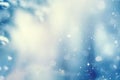 Winter background with falling white snow and soft bokeh lights on blue sky. Generative AI. Royalty Free Stock Photo