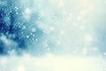 Winter background with falling white snow and soft bokeh lights on blue sky. Generative AI. Royalty Free Stock Photo