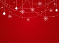 Winter background with flat white snowflakes, beads, stars and balls on red background. New Year backdrop with border