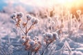 Winter background with flowers covered snow crystals glittering in sunlight. Generative AI Royalty Free Stock Photo