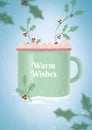 Winter background with hand drawn coffee cup and marshmallows. Christmas holly frame.Warm wishes card Royalty Free Stock Photo