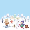 Winter background with happy children