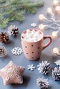 Winter background with hot drink with marshmallows, Christmas lights, fir tree and decorations. Royalty Free Stock Photo