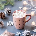 Winter background with hot drink with marshmallows, Christmas lights, fir tree and decorations. Royalty Free Stock Photo