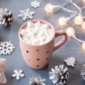 Winter background with hot drink with marshmallows, Christmas lights, fir tree and decorations. Royalty Free Stock Photo