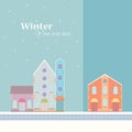 Winter background.House buildings, home, street view in small city, town with road in winter time, snowing