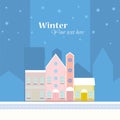Winter background.House buildings, home, street view in small city, town with road in winter time, snowing