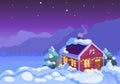 Winter night house in the night. House in the mountains. Winter night illustration.