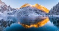Winter background. Winter landscape with mountains reflected in clear frozen lake. Royalty Free Stock Photo