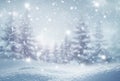 Merry Christmas and happy New Year greeting card with copy-space. Christmas landscape with snow and fir tree Royalty Free Stock Photo