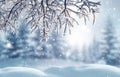 Winter  background. Christmas and happy New Year greeting card with copy-space. Christmas landscape with snow and fir tree Royalty Free Stock Photo