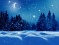 Winter background . Christmas and happy New Year greeting card with copy-space. Christmas night landscape with moon and fir Royalty Free Stock Photo