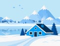 Winter background with mountain landscape in flat style. Royalty Free Stock Photo