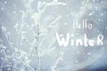 Winter background. Winter nature background. Hand drawing Hello Winter inscription and snowfall