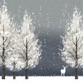 Winter background at night with white trees and reindeer