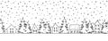 Winter background. Seamless border. There are black houses silhouettes and fir trees on a white background Royalty Free Stock Photo