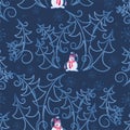 Winter background. Seamless pattern with funny characters and decorative fir trees. Design for textiles Royalty Free Stock Photo