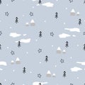 Winter background seamless pattern with snow and pine trees