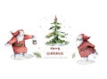 Two skating Santa Claus around spruce tree. Hand drawn watercolor winter christmas set islated illustration