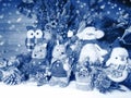 Winter background with snowman squirrels owl birds decor and snow