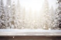 Winter background with snowy forest and wooden table. Generative AI Royalty Free Stock Photo