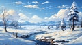 Winter background with a snowy landscape and a house in the middle of snow. Landscape illustration