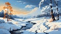 Winter background with a snowy landscape and a house in the middle of snow. Landscape illustration