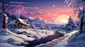 Winter background with a snowy landscape and a house in the middle of snow. Landscape illustration