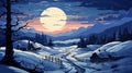 Winter background with a snowy landscape and a house in the middle of snow. Landscape illustration