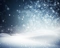 Winter background - sparkling falling snow against a dark blue sky and white snowdrifts. Generative AI. Royalty Free Stock Photo