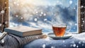 Winter background. tea cup, book, sweater and winter frozen window. cozy mood, home comfort in snowy cold weather Royalty Free Stock Photo