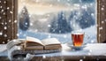 Winter background. tea cup, book, sweater and winter frozen window. cozy mood, home comfort in snowy cold weather Royalty Free Stock Photo