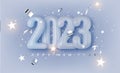 Winter background wich 2023 3d Realistic blue glossy number and falling silver confetti. Greeting card. Vector 3d