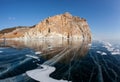 Winter Baikal with clear ice and reflection of rocks