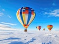 Winter Balloon Tourism, Antarctica Snow Air Balloons in Sky, White Landscape and Ballooning