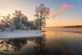 Winter bank of the Yenisei river sunset Royalty Free Stock Photo