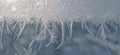 Winter banner background. Frozen window in winter time. Frost pattern on the window. Icy flowers on a glass Royalty Free Stock Photo