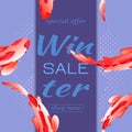 Winter banner for Christmas Winter Sale. Aquarium with Koi carp fish. Vector illustration for design in bright red, blue and white Royalty Free Stock Photo