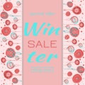 Winter banner for Christmas Winter Sale. Multi-colored balls, confetti on soft pink background.Vector illustration for design in