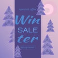 Winter banner for Christmas winter sales. Snowy forest landscape, moon, blizzard. Vector illustration in pastel purple and pink Royalty Free Stock Photo
