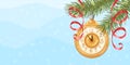 Winter banner. Christmas tree branches with a Christmas tree toy in the form of a clock. New Year. Template for the