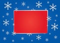 Winter banner with dark blue background, snowflakes and a big red rectangle for text Royalty Free Stock Photo