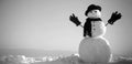 Winter banner. Fashion snowman in black hat, scarf and gloves. Snow man on the winter background. Christmas banner with