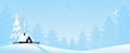 Winter banner with forest, house and fir trees, card for Christmas, beautiful snowy landscape, flat cartoon vector Royalty Free Stock Photo