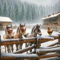 Winter Barnyard Scene with Young Horses and Chickens in a Corral Wintertime AI Generated