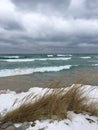Winter beach on Lake Michigan.