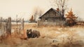 Winter Bear In Rustic Landscape: A Serene Ink Wash Painting