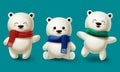 Winter bears character vector set. Teddy bear or polar bear 3d cartoon characters collection