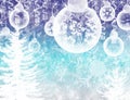 Winter beautiful illustration-template for background with snowflakes, snow, Christmas  toys and white snow trees for New year and Royalty Free Stock Photo